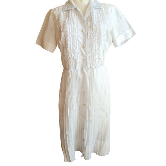 Vintage Handmade Dress sz 14 Lace Ruffle Pale Blue Pleated Midi Wedding 1970's - Picture 1 of 9